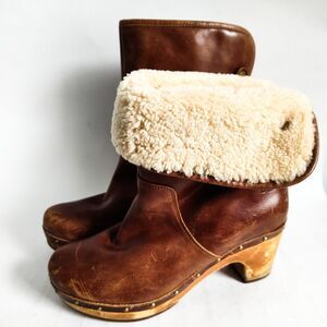 Ugg Boots Size 7 Shearling Brown Lynnea Leather Studded Wood Block Heel Platform